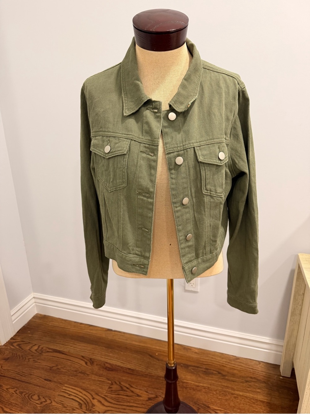 Allegra K Olive Green Cropped Denim Jacket